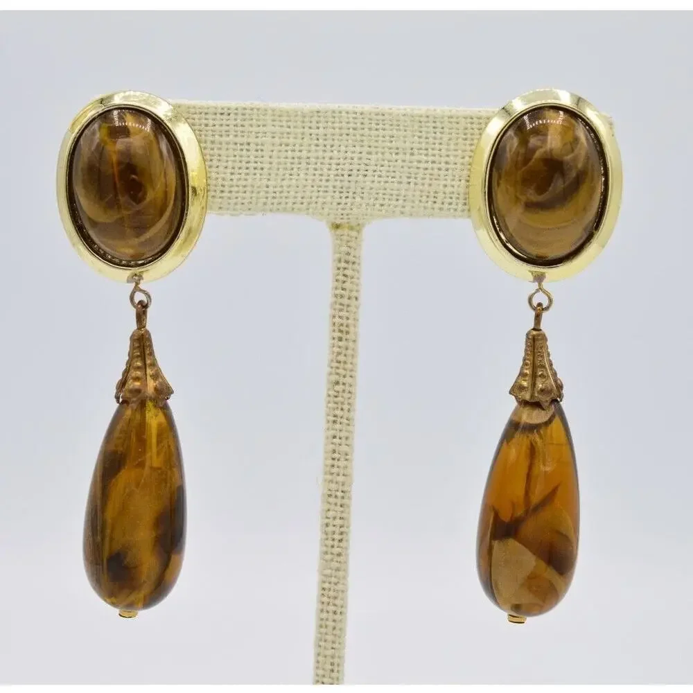 Vintage Dangle Earrings Lucite Marbled Brown Tortoise Chunky 1980s 9L